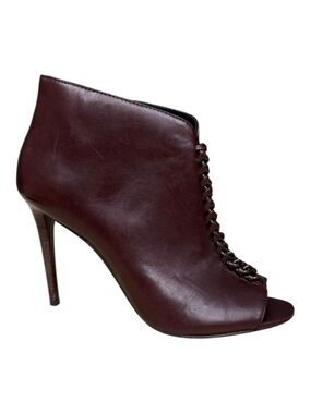 Coach Olie Peep Toe Chain Lace-Up Booties Size 8B Dark Brown with Stiletto Heel